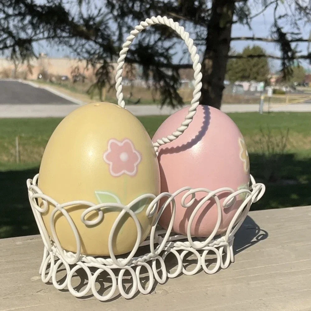 Easter Egg Salt & Pepper Shakers Pink & Yellow Flowers on Front In Wire Basket